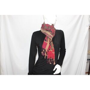 Handmade Cotton Scarf Red Gold Black Tribal Print Fringe 69 inch